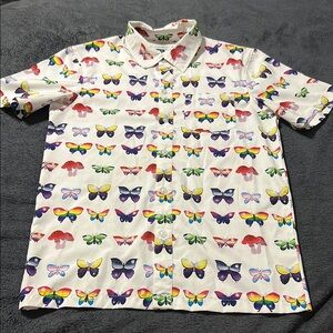 Theo Masters pride butterfly colorful rainbow short sleeve button down mens med